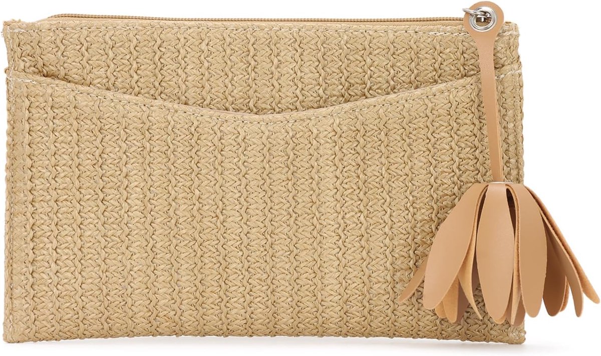 Clutch van bast met bloem voor dames, zomer, boho, kleine handtas