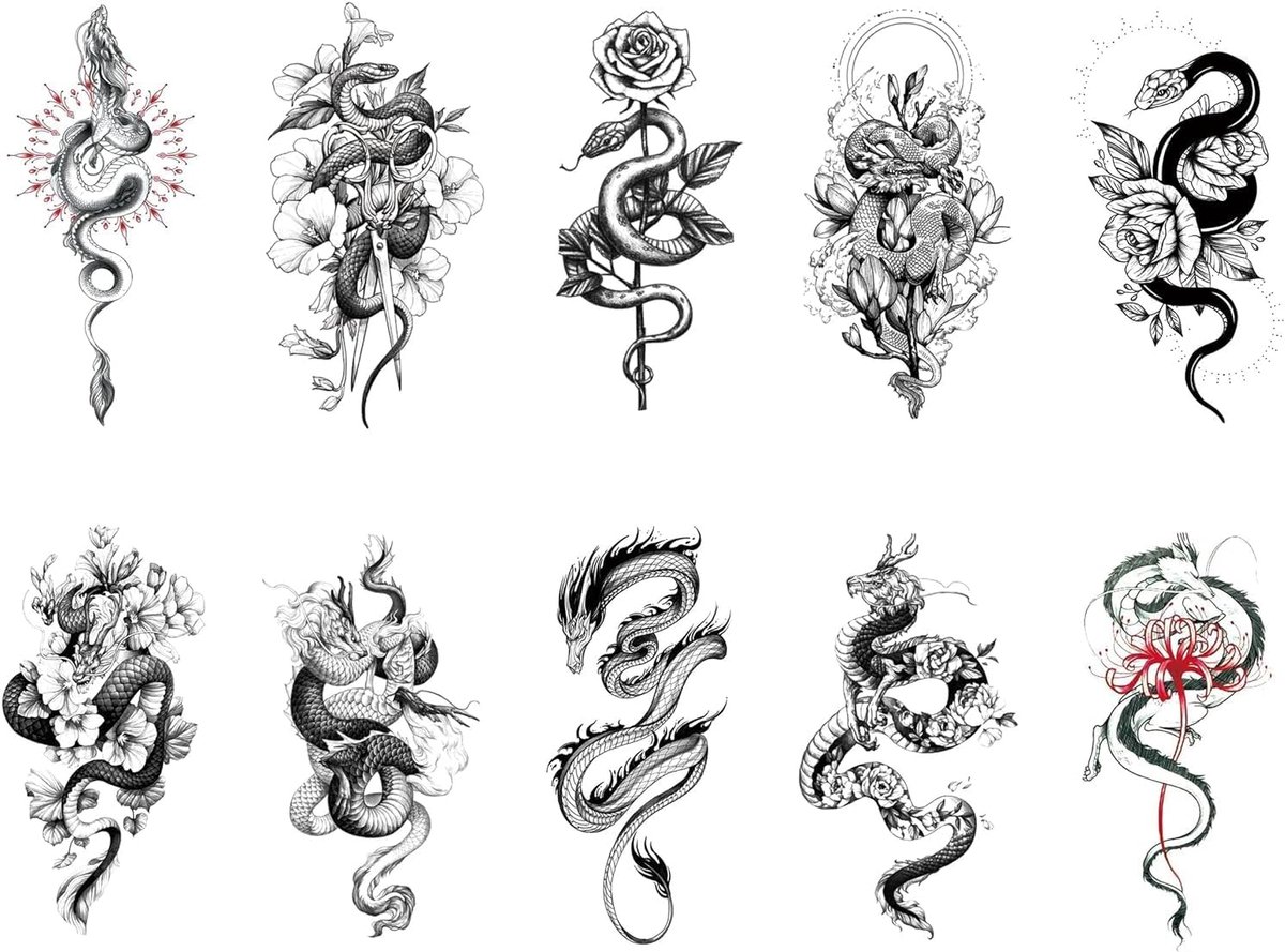 Tijdelijke tatoeages voor vrouwen, meisjes, bloemen, slang, draak, tijdelijke tatoeage, mannen, kinderen, waterdichte 3D body art sticker, arm tattoo sticker, body sticker