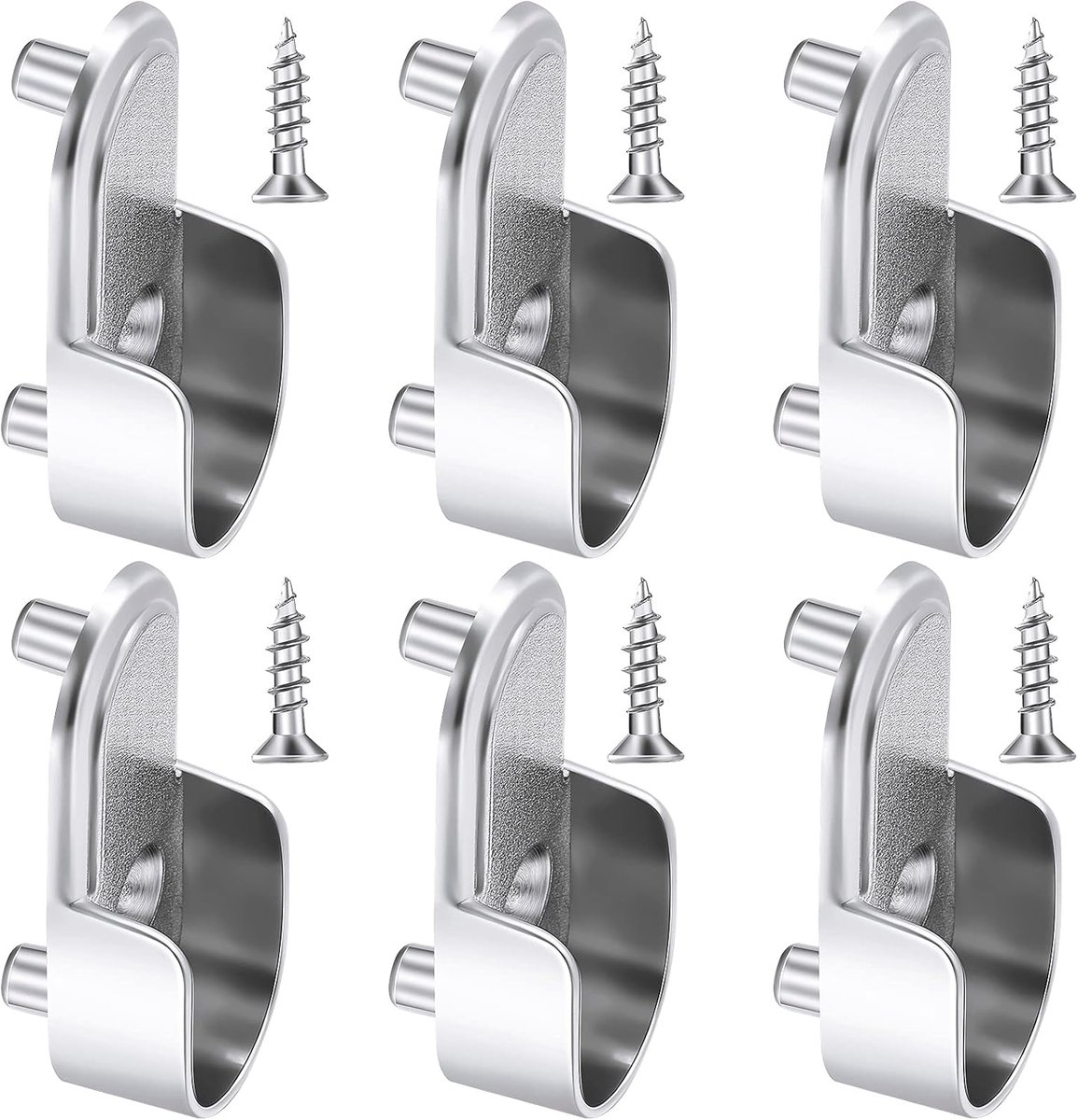 6 stuks ovale garderoberail eind ondersteunt railbeugel 15 mm zilveren kledingstang flensbeugels en 6 stuks schroeven voor kast, gepolijst chroom afwerking