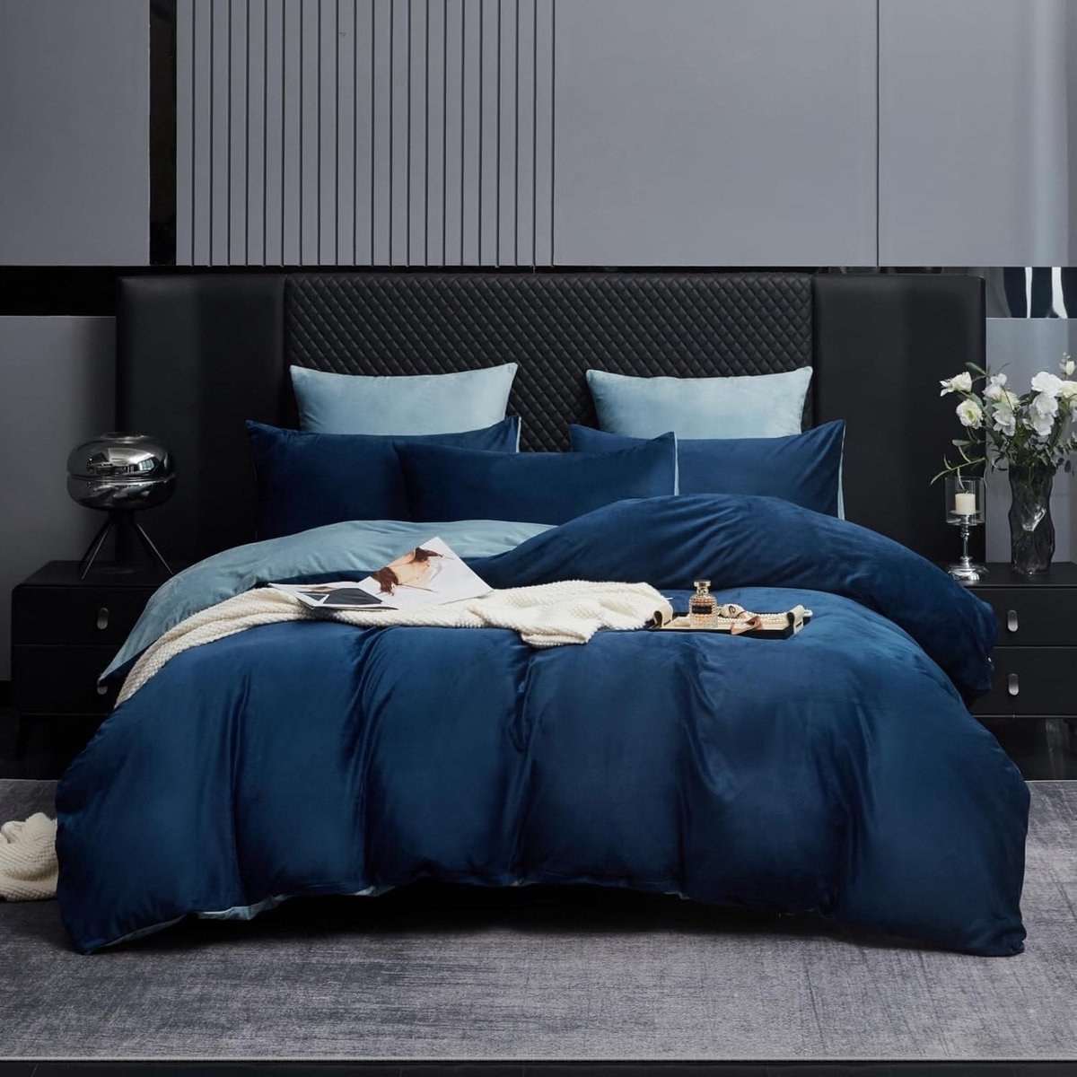 Winterse Fluffy Microfleece Bedlinnen Set 220 x 240 cm - Zacht, Warm en Cuddly met Rits in Blauw en Lichtblauw