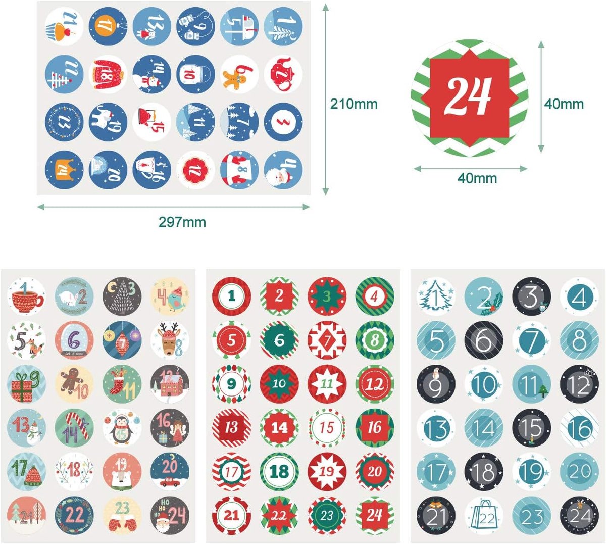 4 x 24 adventskalender cijfers stickers van 1-24 stickers rond voor