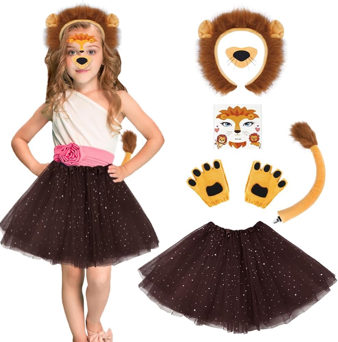 Leeuw hoofdband staart set, leeuwenkostuum-accessoireset met pluche