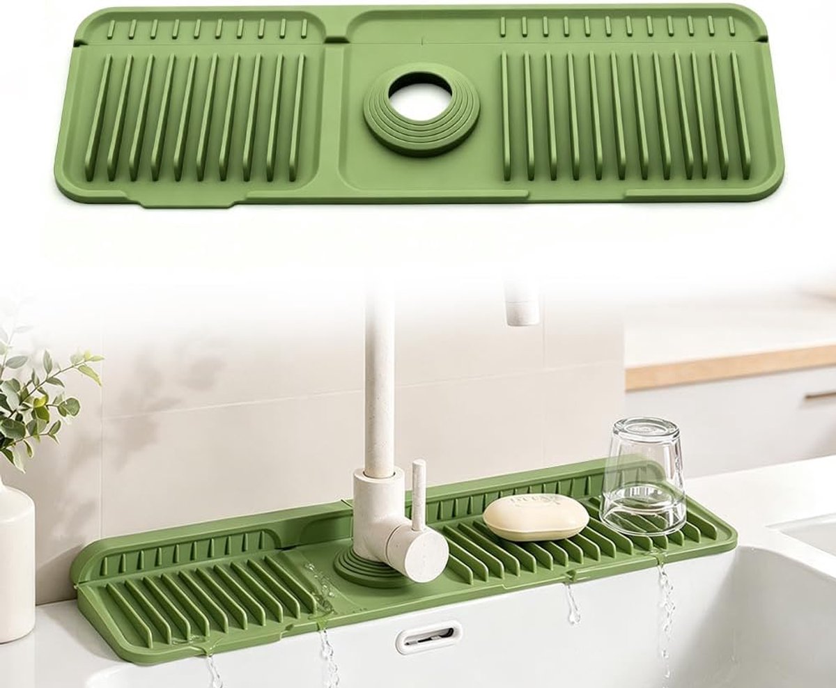 afdruipmat, gootsteen, kraan, smal, 45 cm, waterkraan, siliconen mat met waterafvoer, klapmand, afvoer, geschikt voor werkbladen in keuken en badkamer, tafelwarmte-isolatie (groen)