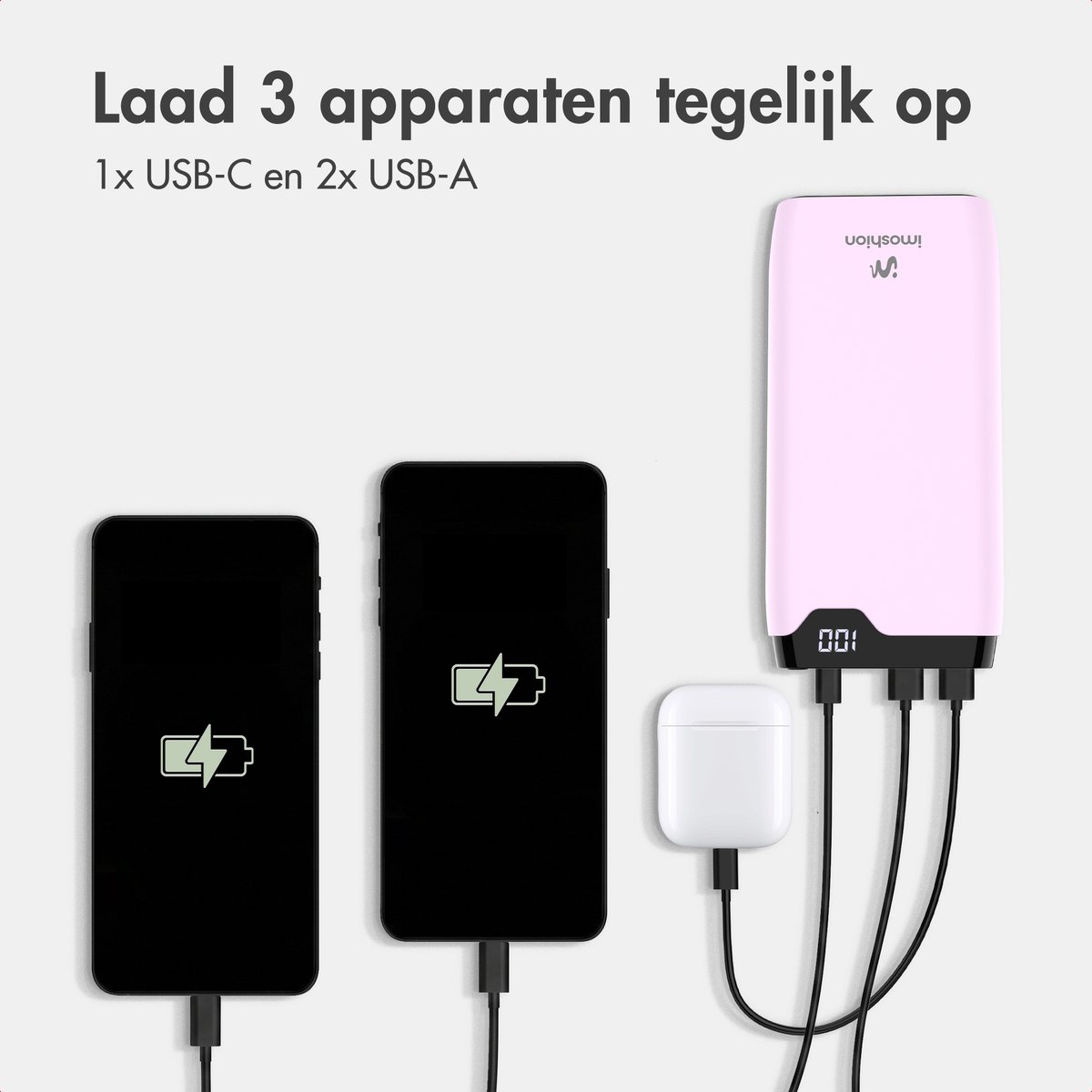 imoshion® Powerbank 20000 mAh - 22.5W Snellader - USB C / USB A - LED Display - Powerbanks - Universeel - Noodpakket - Roze — cadeau in Telefoon & Tablet - foto 6