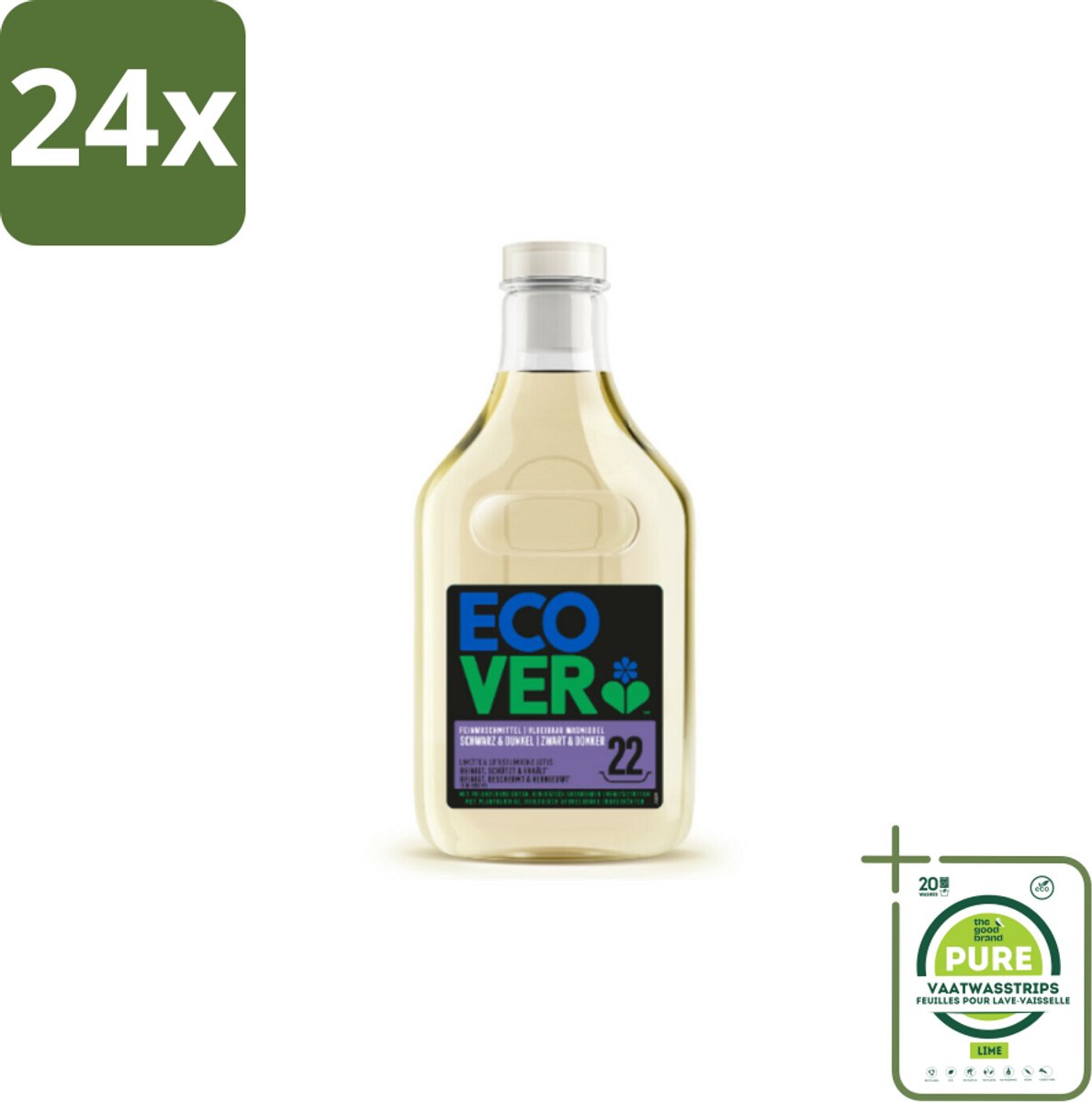 Ecover - Vloeibaar wasmiddel - Zwart & Donker - 1 liter - 22 wasbeurten - Voordeelverpakking - 24 stuks - Wasmiddel donkere kleding - Wasmiddel zwart