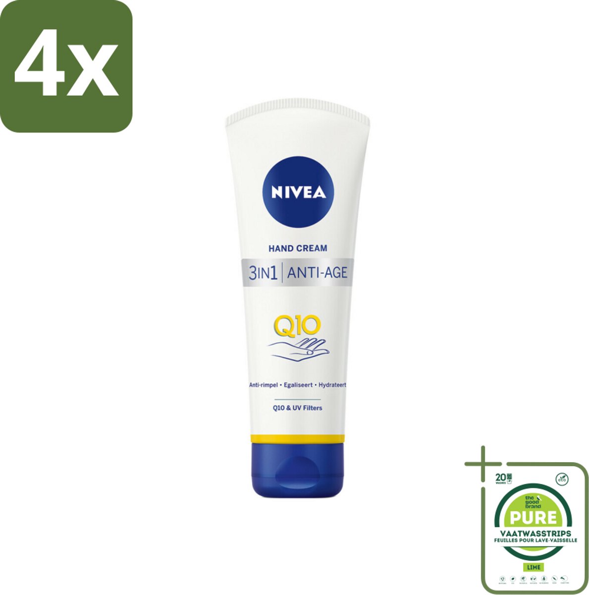 NIVEA - Handcrème - 3-in-1 Q10 Anti-Veroudering - Anti-rimpel - Egaliseert - Hydrateert - 100 ml - Voordeelverpakking - 4 stuks - Nivea handcrème - Anti-rimpel crème