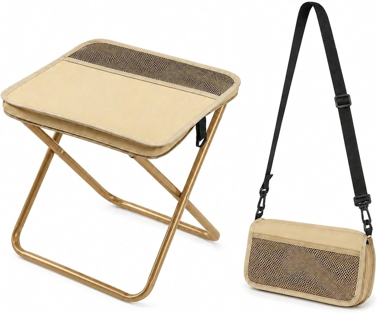Opvouwbare Kruk - Campingkruk Stoel - Buiten Zitten - Met Opbergvak - 29x25x31 cm - Kaki