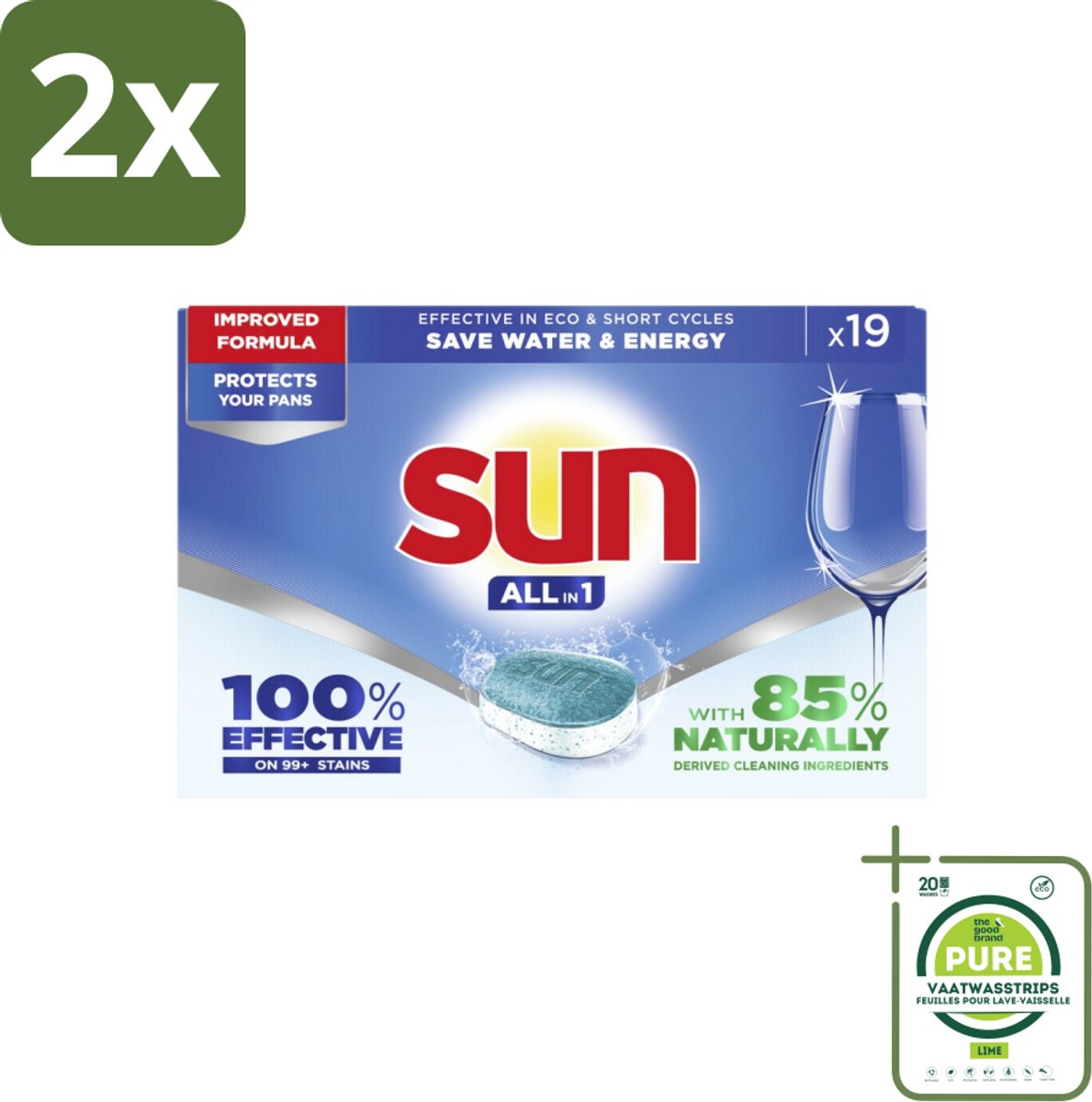 Sun - Vaatwastabletten - All-in-1 Neutraal - 19 tabletten - Voordeelverpakking - 2 stuks - Vaatwasmiddel - Vaatwastablet