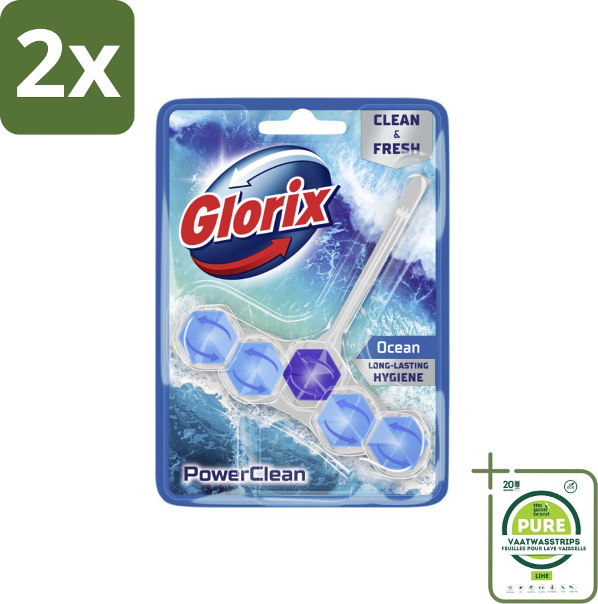 Glorix - Toiletblok - Power Clean Ocean - Frisse Geur - 1 blok - Voordeelverpakking - 2 stuks - Toiletblok - Toilet schoonmaken
