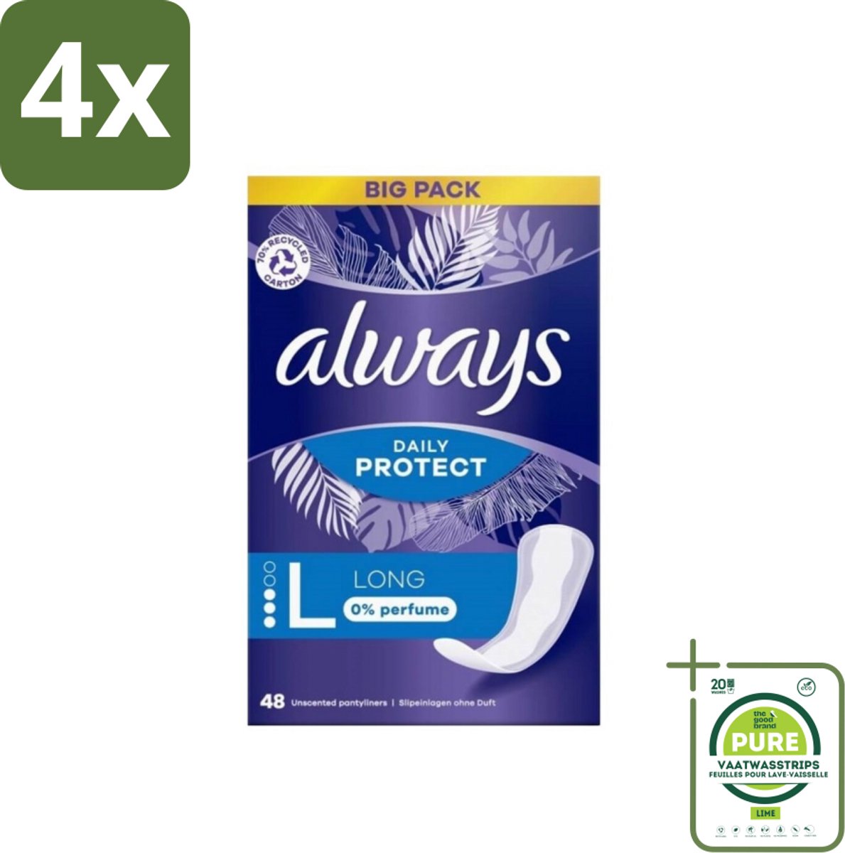Always - Inlegkruisjes - Long - 0% Parfum - 48 Inlegkruisjes - Voordeelverpakking - 4 stuks - Inlegkruisjes - Always
