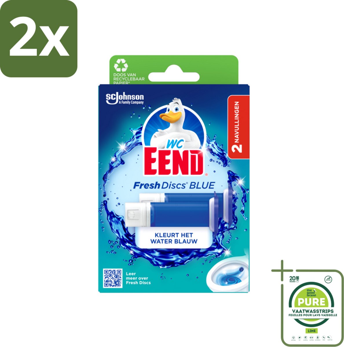 WC Eend - Fresh Discs Coloring Blue - Duo Navulling - Kleurt Water Blauw & Verfrist - 72 ml - Voordeelverpakking - 2 stuks - Toilet schoonmaak - Toilet reiniger