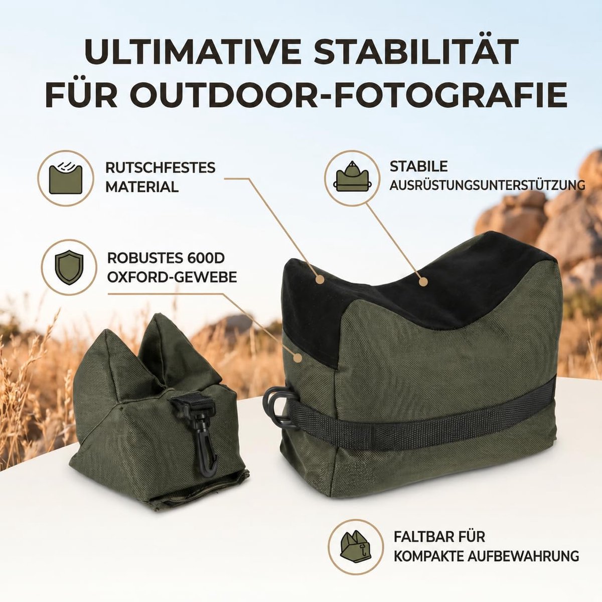 2 STKS Schietsteuntas, Unisex Sportzandzak 600D Oxford-stof Voorvak Achterzak voor Fotografie, Jacht, Hiking, Camping, Vissen