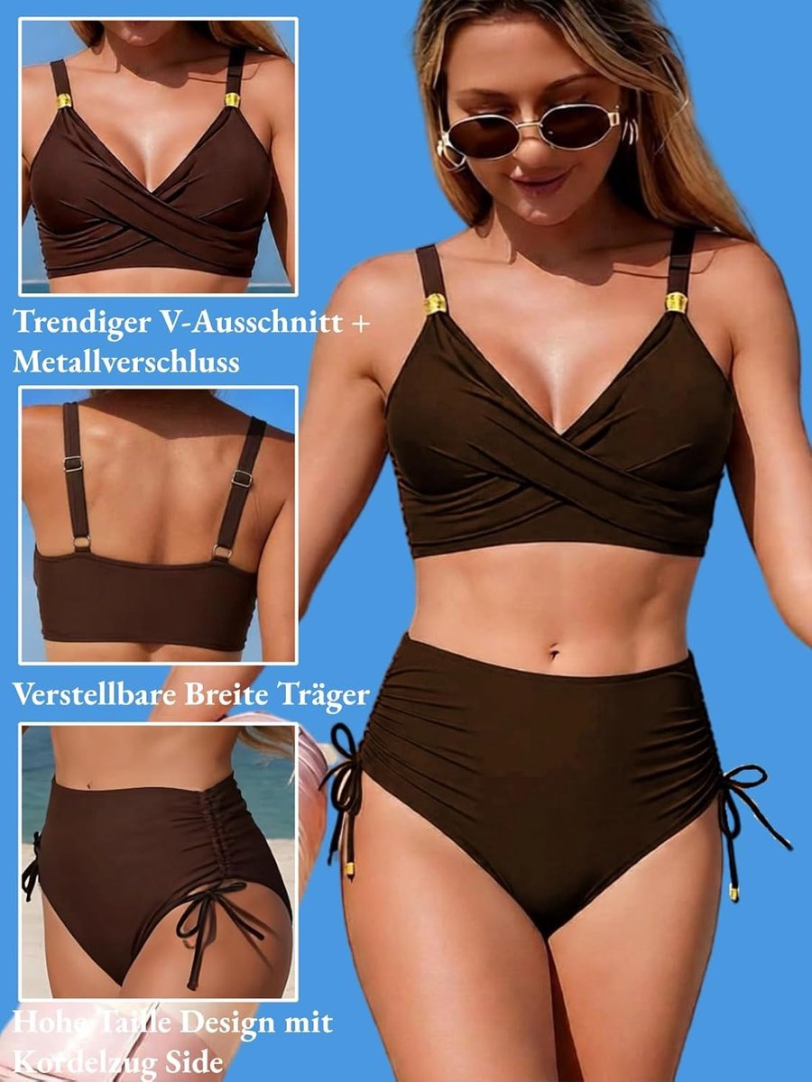 Bikini voor dames, tweedelige V-hals, trekkoord, zijbadpak, hoge