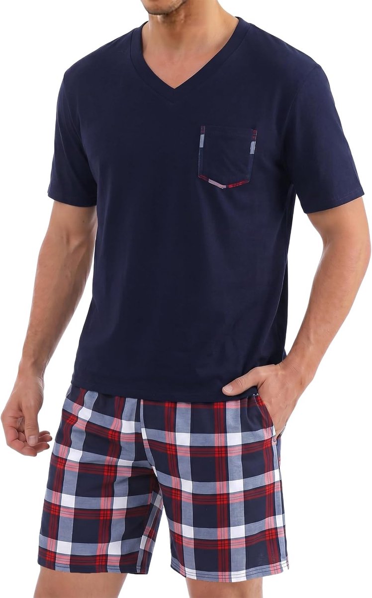 Zomerpyjama voor heren, katoen, kort, V-hals, tweedelig, met zakken