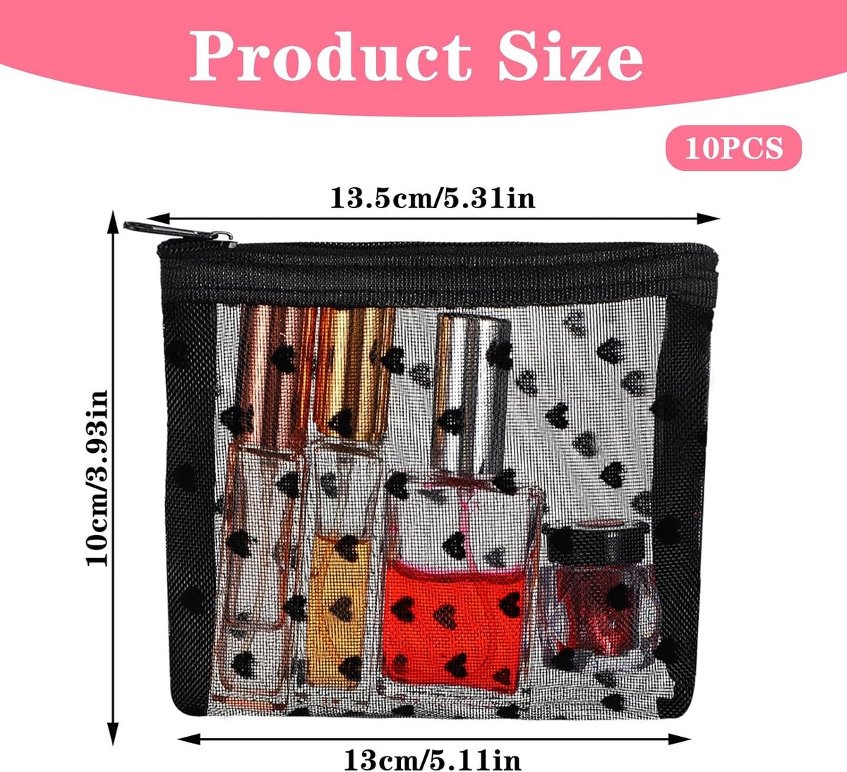 10-delige hartprint cosmetische tassen, 3D hartprint make-up tassen