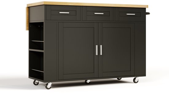 MIVRAY Keukenwagen - Mobiel Keukeneiland Met Opklapbaar Werkblad En Lades - Voor Keuken En Eetruimte - MDF - Zwart — afbeelding 3