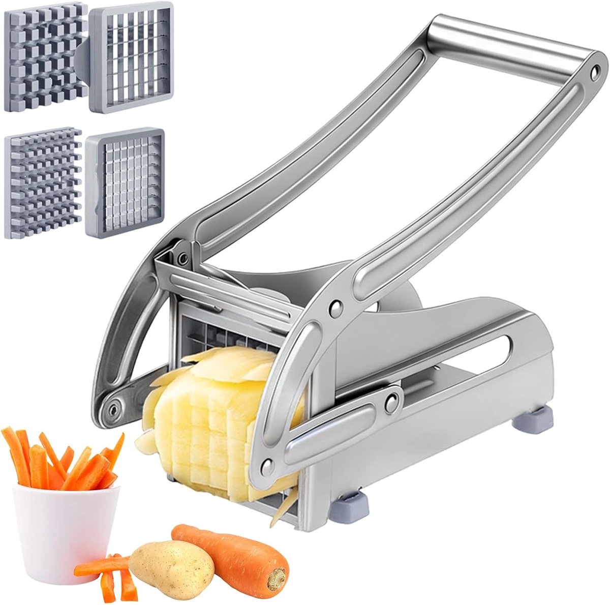Frietsnijder, roestvrij staal, frietpers met 2 mesmaten (36/64 rooster), frietsnijder met antislip rubberen basis, frietsnijder voor hele aardappelen, wortelen, komkommers, uien