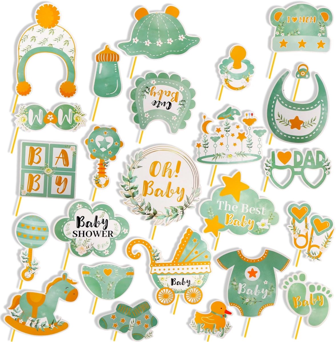 Fotobox accessoires, 26 stuks, groene fotorekwisieten met houten stokjes, herbruikbare feestdecoratie voor babyshower, verjaardag en fotoboot