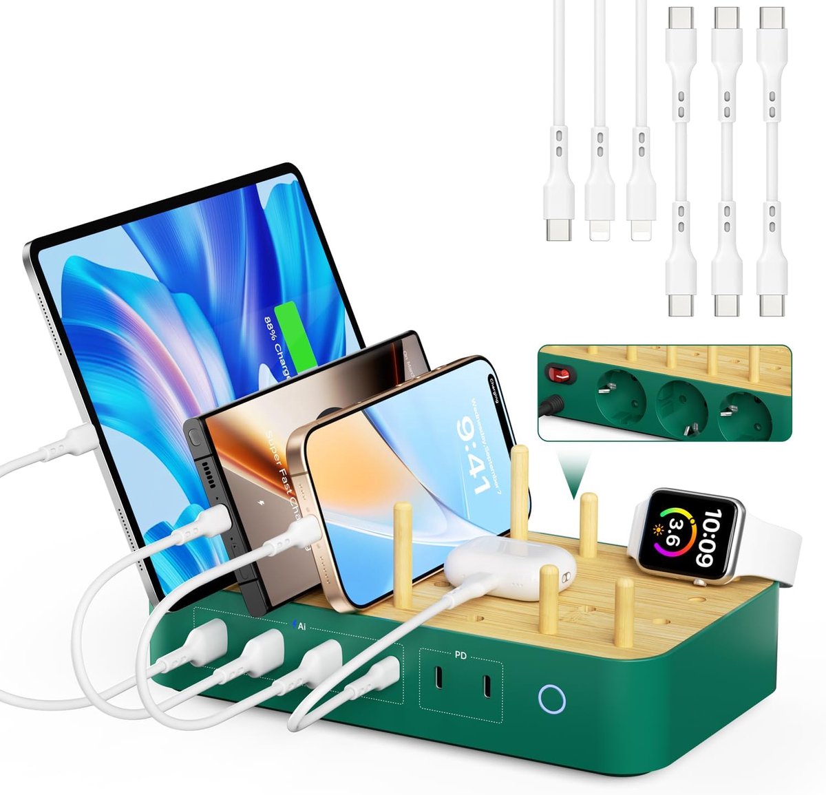 USB-C Multi-Device Oplaadstation, 60W 6-poorts oplaadstation met 3 stopcontacten, 3 USB C, 3 USB A, voor telefoon, iPad, tablets (6 gemengde kabels inbegrepen), Groen