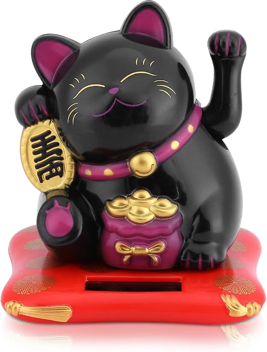 Cat, Mini Maneki Neko Japanse Kat Standbeeld met Zwaaiende Arm Zonne-energie voor Thuis Auto Dashboard Decor(zwart)