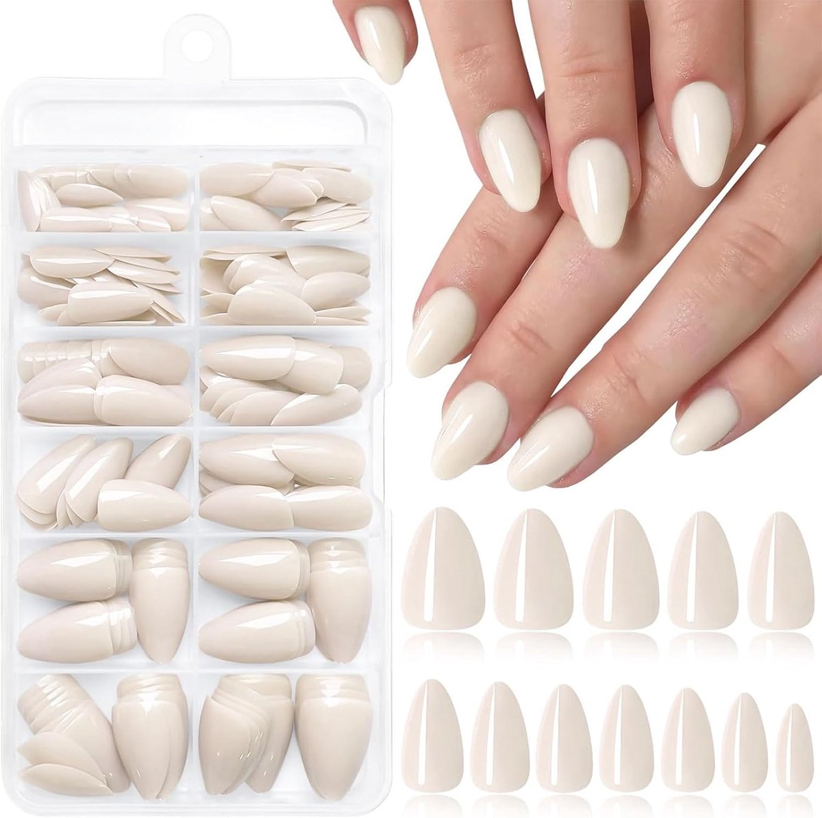 240 stuks kunstmatige amandelvormige nagels om op te plakken, korte kunstmatige acryl nagels, volledige bedekking, voor dames en meisjes, 12 maten, romig wit