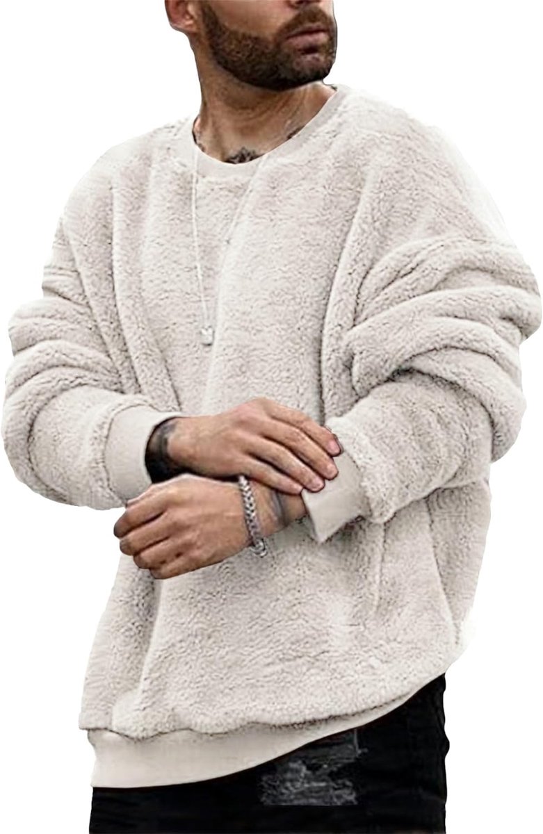 Teddyfleece trui voor heren met ronde hals, pluizige tops