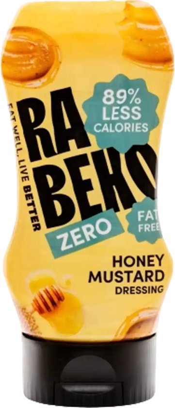Rabeko Zero Honing Mosterd dressing in gele fles met 89% minder calorieën en vetvrij.