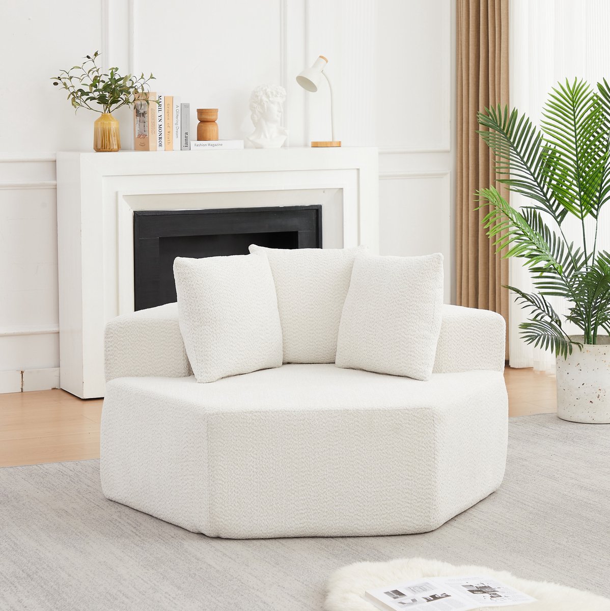 MEUNIQ hexagonale fauteuil 1-zits modulair met chenille bekleding en drie kussens voor woonkamer of zithoek, beige