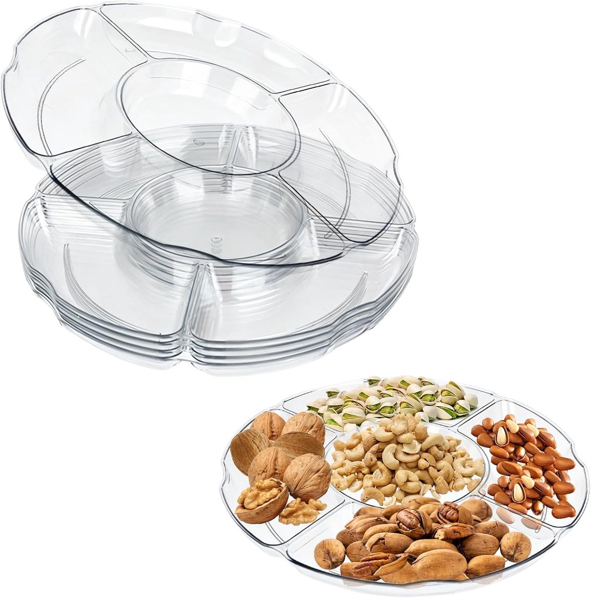 Snackborden met vakken, 5 stuks, snackschaal, herbruikbare borden met onderverdeling, snackbord, snackschaal met vakken, serveerdienblad, snackborden voor snackborden, rond, voor feestjes