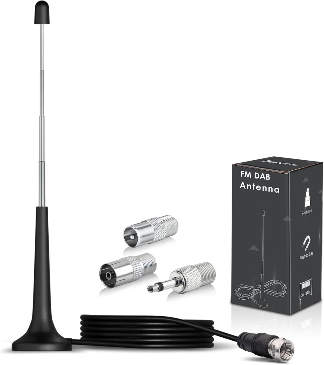 DAB FM-radioantenne telescopische indoor radioantenne 75 ohm F-stekker digitaal met magnetische voet en 3 meter verlengkabel plus 3 extra adapters voor Denon Pioneer Marantz