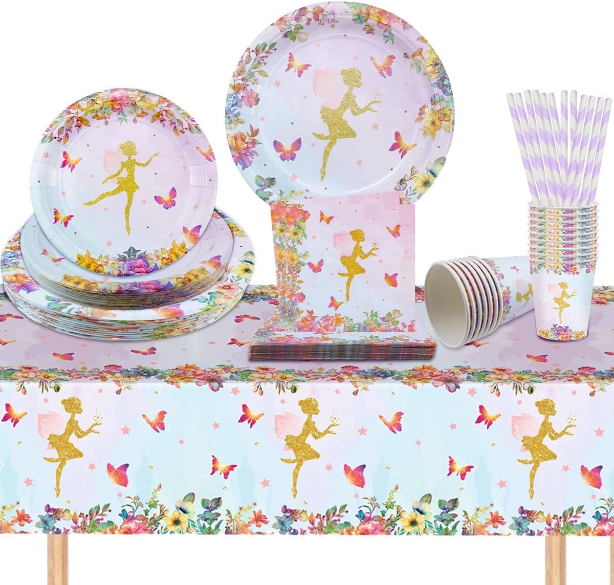 Feeënfeestservies, set van 101 stuks, voor kinderverjaardag, vlinder- en fee, feestserviesset, feeën, verjaardagsdecoratie, verjaardagsborden, tafelkleed, papieren bekers, rietjes, servetten