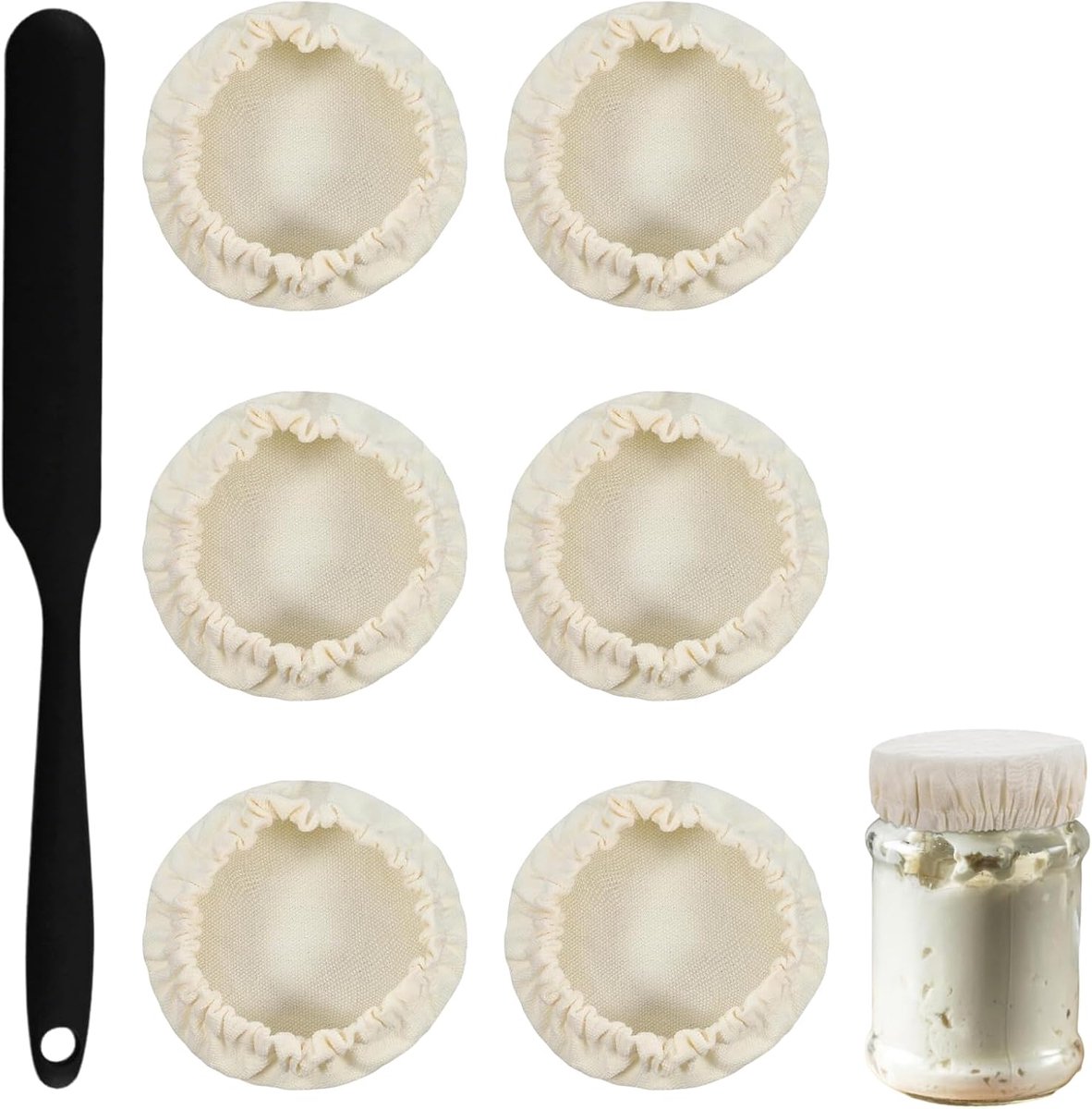 6 Katoenen Fermentatiepot Covers met Siliconen Spatel, Herbruikbare Elastische Zuurdesem Starter Deksel voor Fermentatiepotten, Ademend Doek voor Kombucha Kefir en Bakken