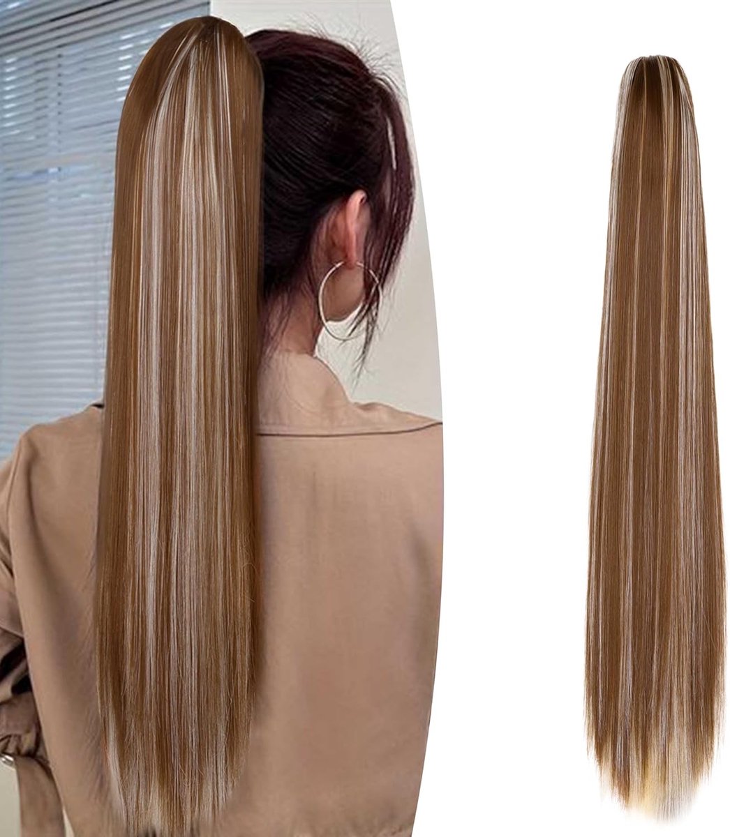 Extension Paardenstaart Extensies 54cm Klauw op Paardenstaart Haarstuk Clip in Extensies Vecht Rechte Lange Synthetische Haarextensie voor Vrouwen, Goudbruin & gebleekt blond