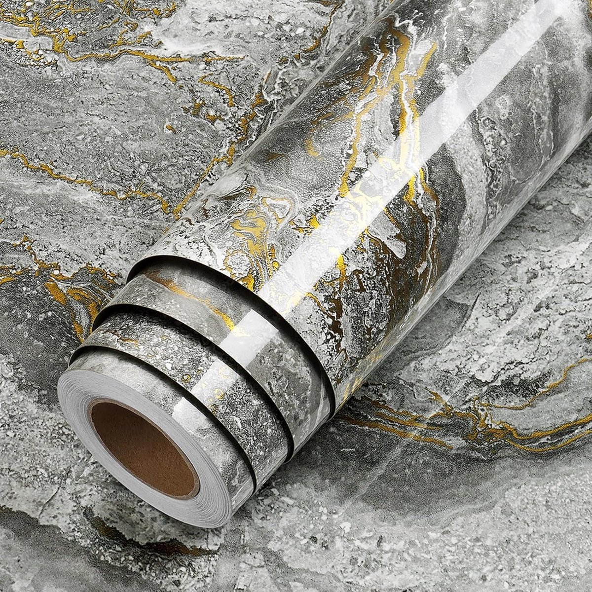 Zelfklevend papier voor meubels, marmereffect, vinyl, zelfklevend, donkergrijs, goud, 40 cm x 200 cm, coating, zelfklevend, werkblad, marmer, decoratie voor tafel, kast