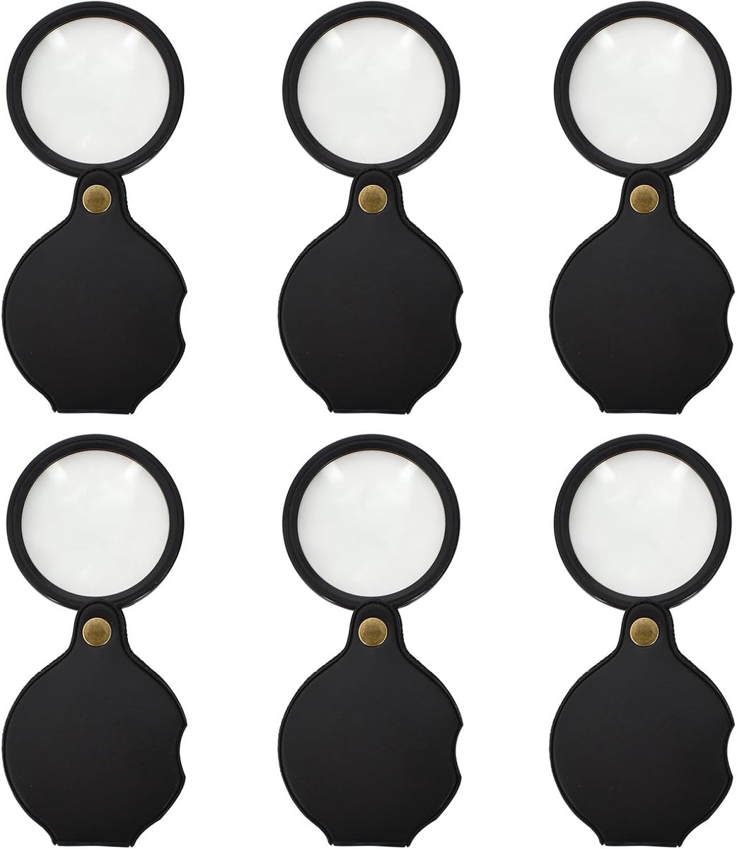 6 stuks mini zakloep, inklapbaar, 10 x vakjes, kleine loep voor kinderen, leeshulp, leeshulp, vergrootglas, tas, loep, handloep voor lezen, kaarten, inspectie, knutselen, 50 mm, zwart