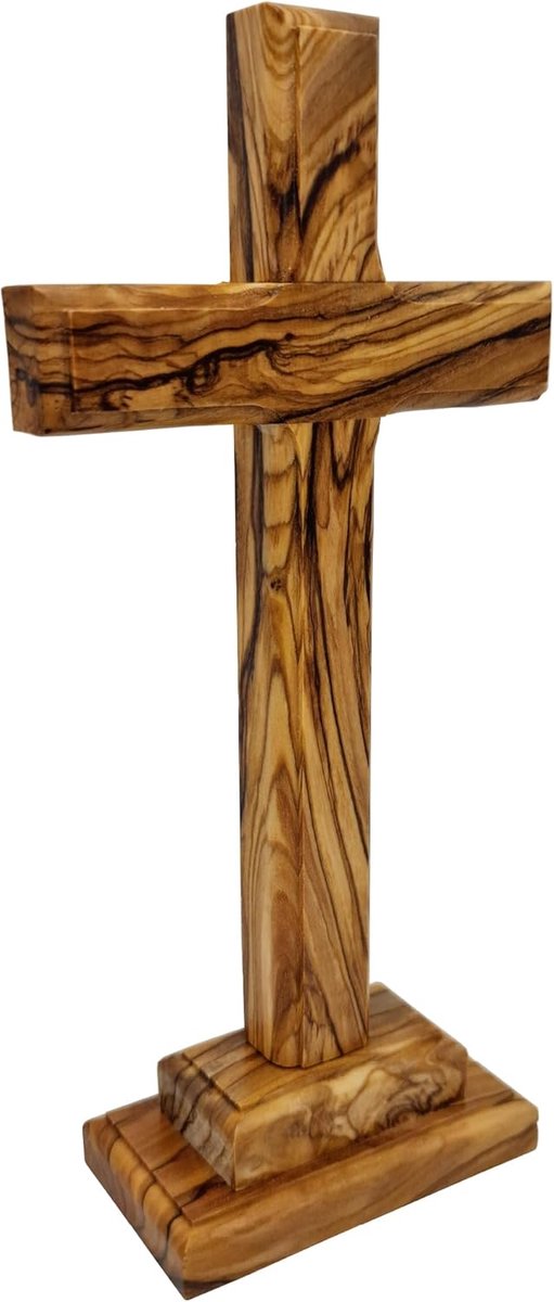 Olijfhouten kruisje, 18,5 cm, handgemaakt in Bethlehem, gezegend met wijheidscertificaat, christelijk tafelkruis met standaard, cadeau voor doop, communie, vormsel, decoratief houten kruis