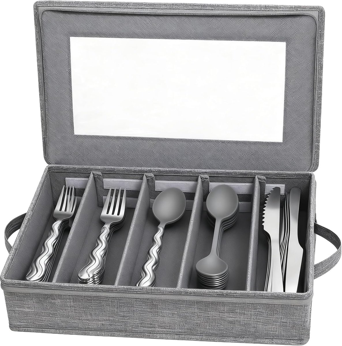 Besteklade met deksel voor laden, bestekopbergdoos voor bestek, verstelbare organizer voor gebruiksvoorwerpen, besteklade voor keuken-tafel, grijs 42 x 33 x 15 cm