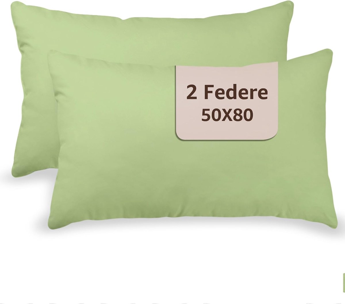 Kussenslopen voor tweepersoonsbed, katoen, 2 kussenslopen, 100% puur natuurlijk katoen, met envelopsluiting, afmetingen 50 x 80 cm, gemaakt in Italië, lichtgroen.