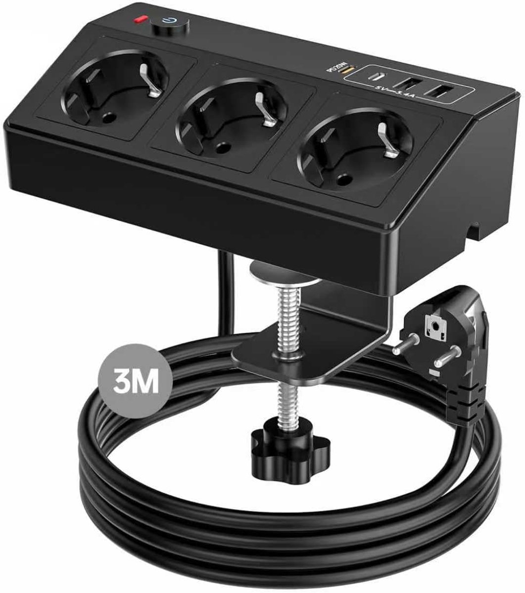 Tafelstopcontact met USB C PD 20W, 4000W/16A stopcontactenstrip bureau, 3-voudig meervoudig stopcontact 4 USB met schakelaar 3M kabel, overspanningsbeveiliging stopcontact tafel voor thuis