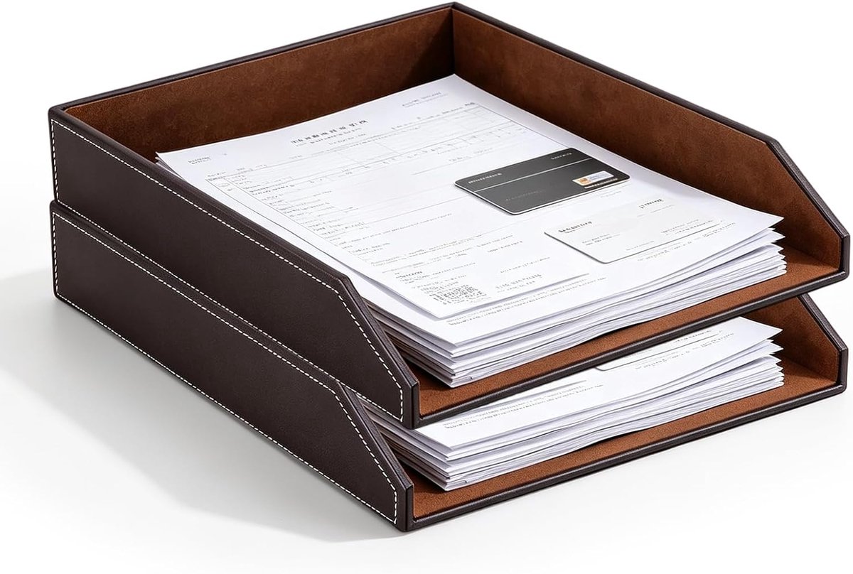 stapelbaar, lederen brievenbakje, A4, stapelbaar, set van 2 documentenbakken en archiefplanken, kantoorplank, bureau voor thuis en school, bruin, 27 x 35 x 6 cm