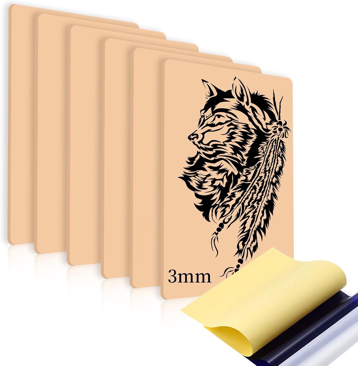 Kunsthuidtattoo, 6 stuks, tattoo-oefenhuid, 3 mm, tattoo-kunsthuid, dubbelzijdige professionele tattoohuid om te oefenen, 20 x 30 cm, met 10 tattoo-transferpapier voor beginners en ervaren