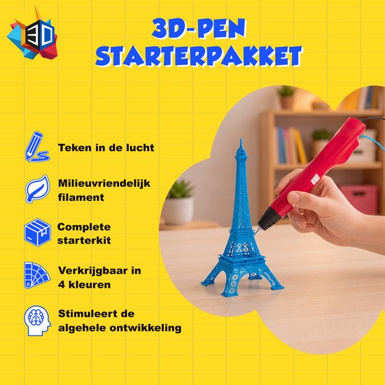 Hand houdt een rode 3D-pen vast en maakt een blauwe Eiffeltoren. De tekst vermeldt voordelen zoals 'tekenen in de lucht', 'milieuvriendelijk filament' en 'stimuleert ontwikkeling'.