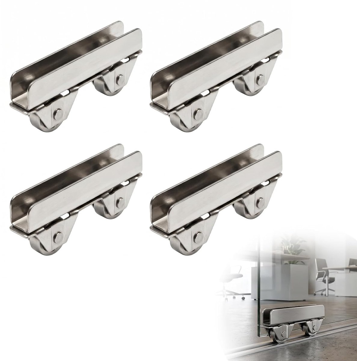 4 stuks metalen glazen deurrollen, metalen assen, raamkatrol voor 8 mm glasdikte, glazen deur-wielklemmen, voor schuifdeuren, vensterdeuren, terrasdeuren, glazen deuren
