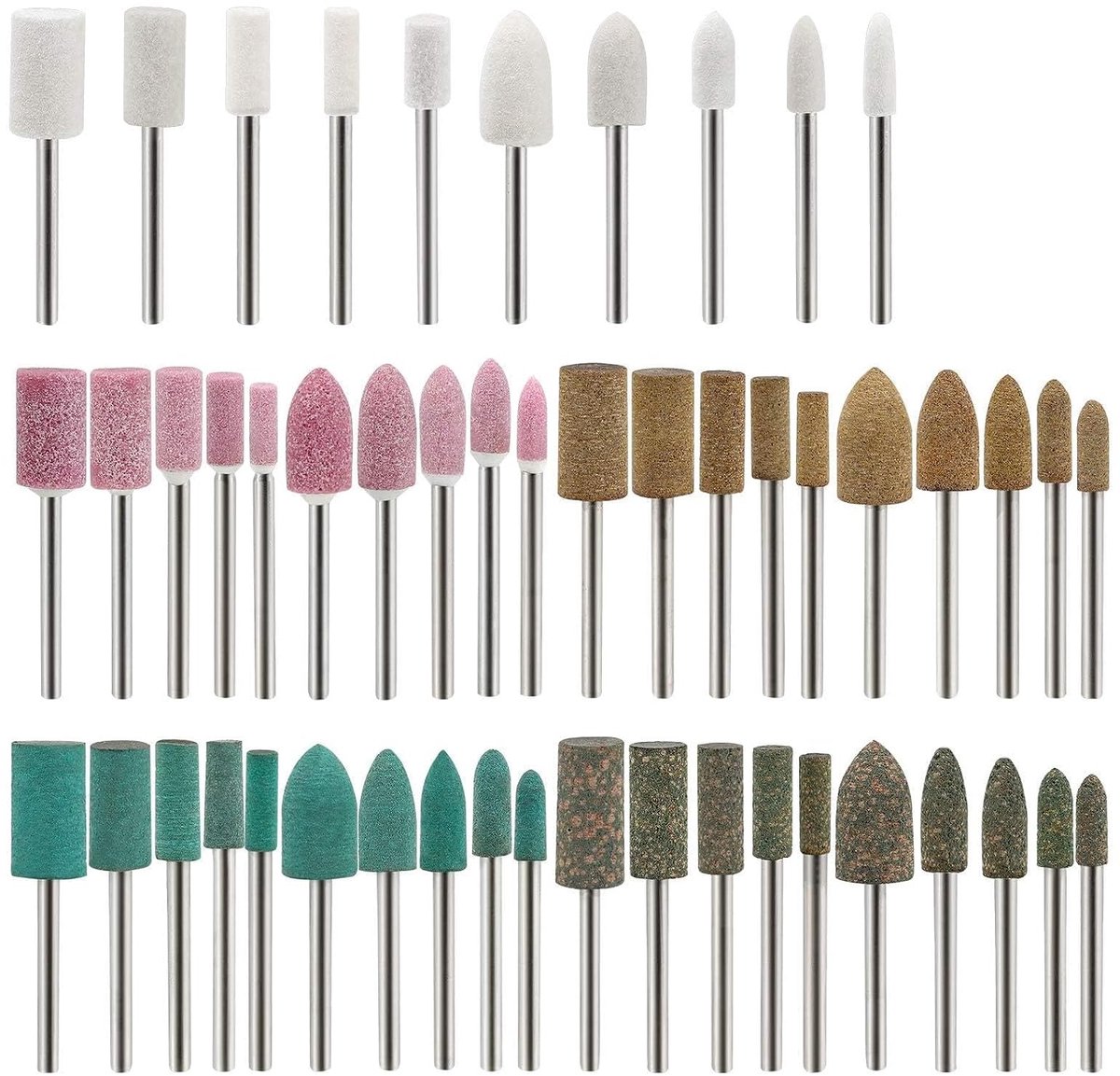 50 stuks polijstbits gemonteerd slijpen polijstschijven, slijpgereedschappen wol/sesam/rubber/koeienhuid roterende gereedschapsaccessoires set 3 mm schacht