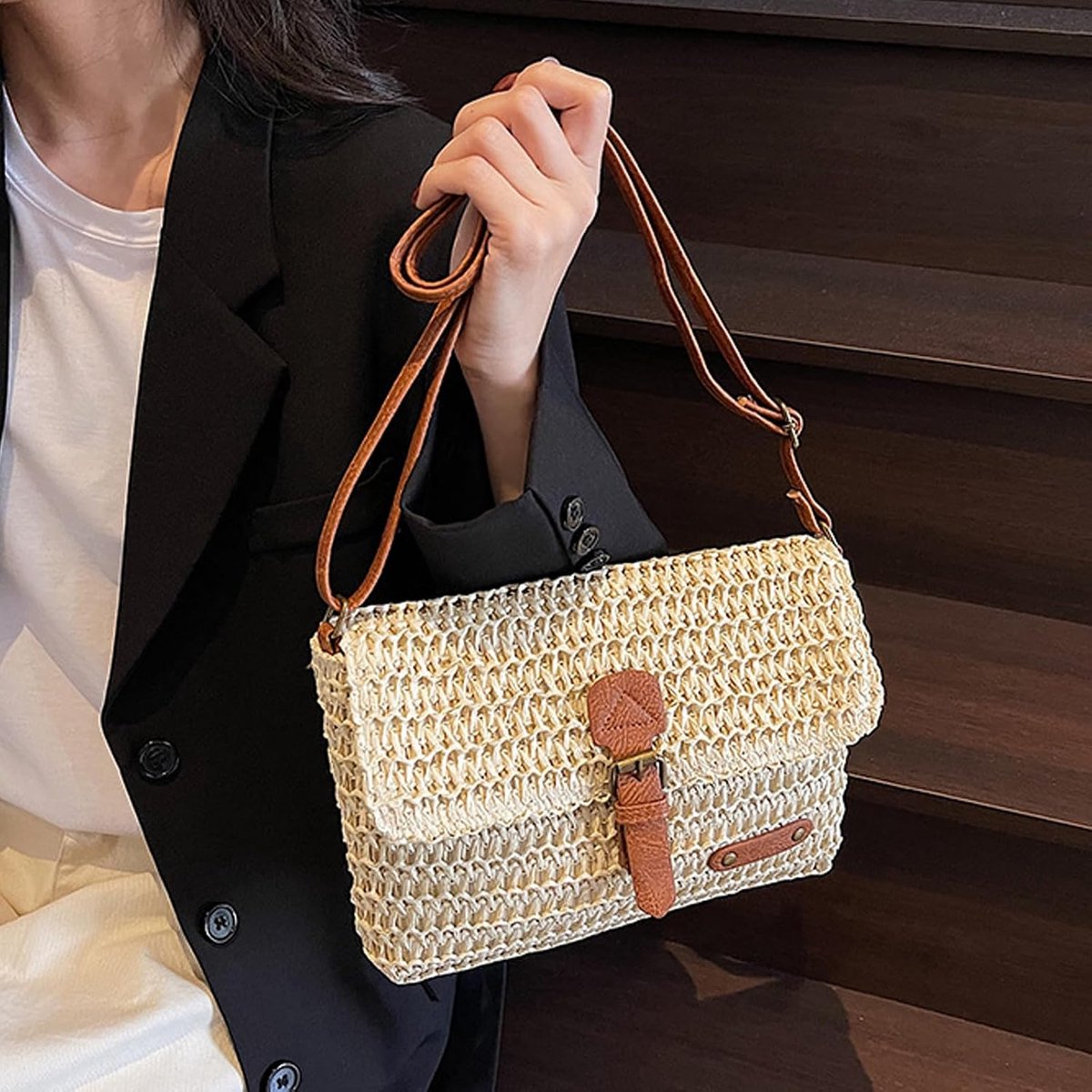 Zomertassen van stro voor dames, strotas voor dames, tas met rietjes voor dames, boho-stijl, handgemaakt, met schouderriem voor strand, reizen en fotograferen, wit