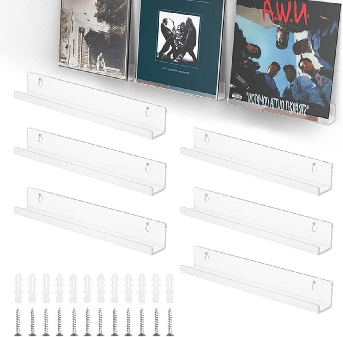 6-Pack Schallplattenregal Wandmontage - Vinyl Regal Acryl 30,5 x 4,3 x 4,5 cm - LP Schallplattenständer Plattenhalter Voor Platen en Foto's