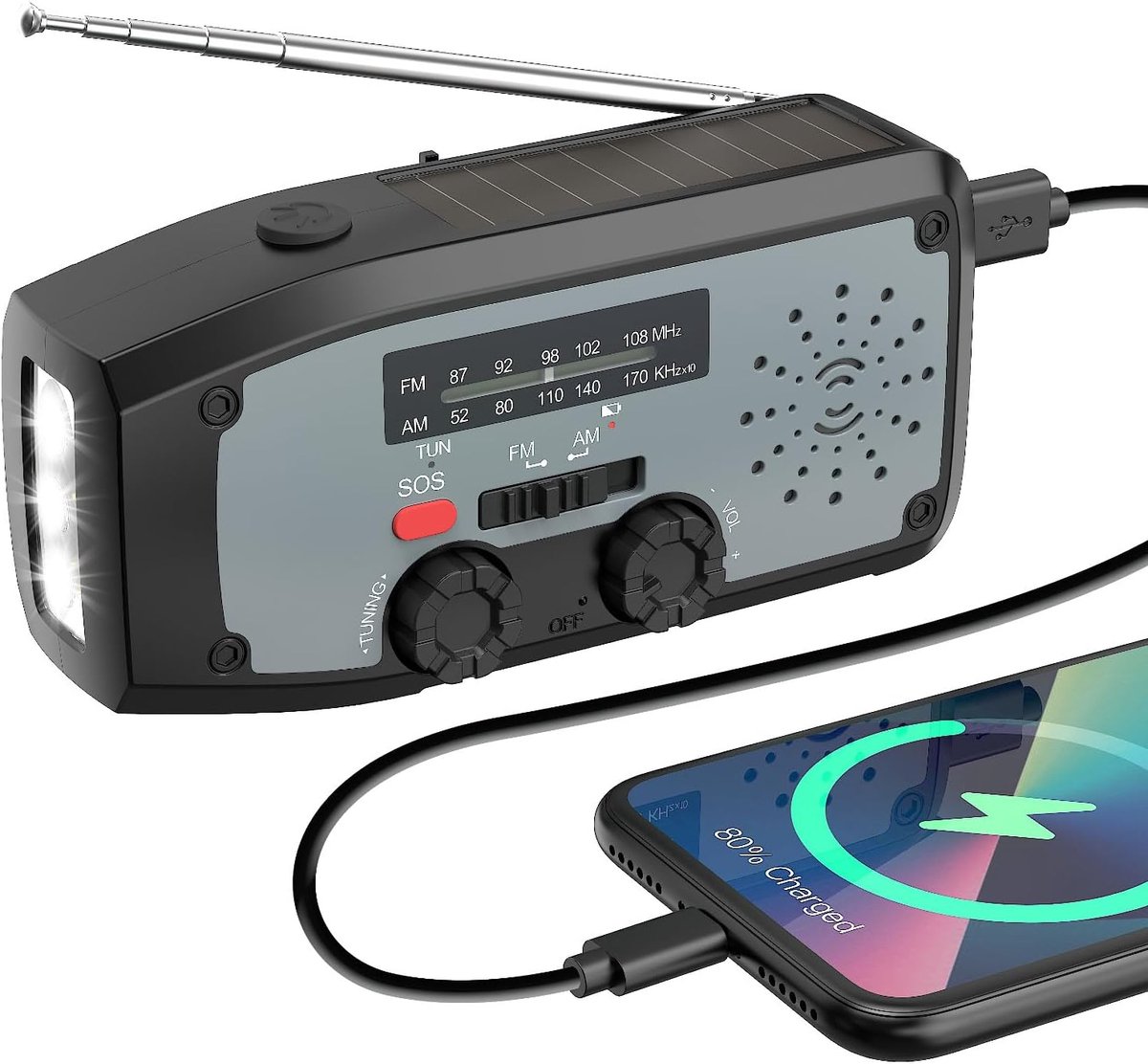 Zonne-energie Draagbare Radio met LED-Zaklamp, SOS-Alarm, AM/FM Solar Crank Emergency Radio met 2000mAh Powerbank voor Noodgevallen Binnen/Buiten, Zwart