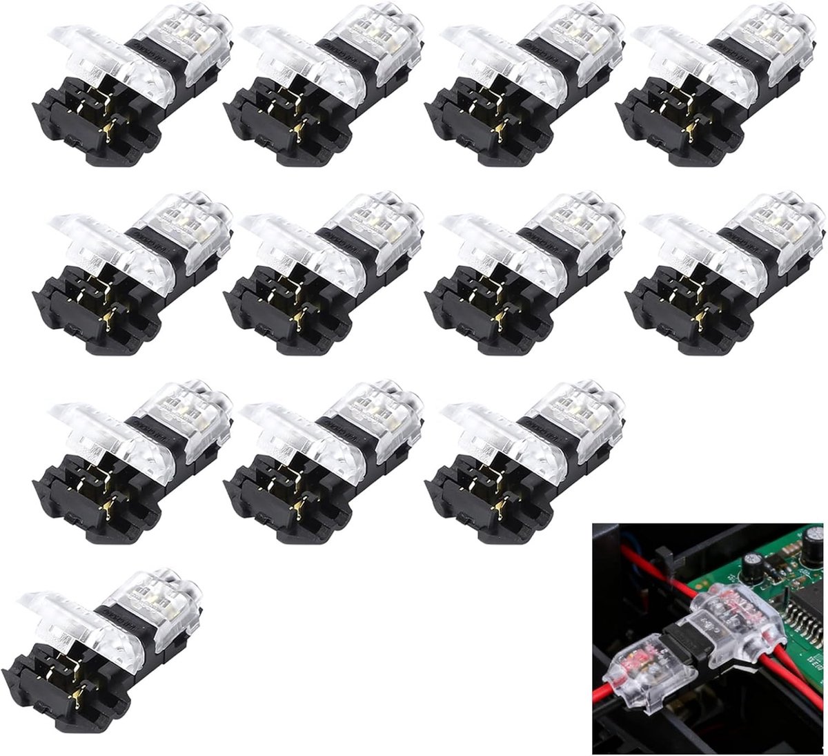 Set van 12 Waterdichte T-Connectoren voor Laagspanning, Takconnectoren en Kabelclips voor Voertuigen en Elektrische Toepassingen