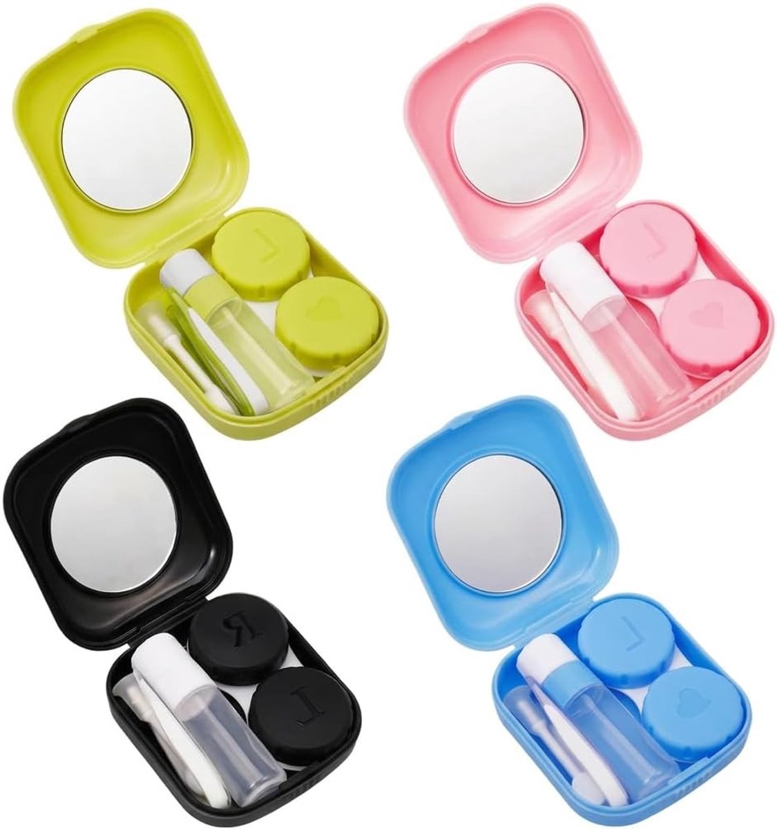 Contactlensdozen Reisset met Spiegel, Lekvrije Accessoire Box Inclusief Pincet en Zuignap, Draagbare Lens Case voor Reizen in Roze, Blauw, Zwart en Groen