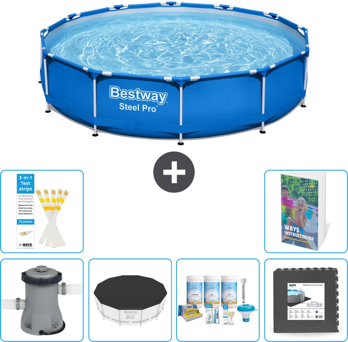Bestway Rond Steel Pro Zwembad - 366 x 76 cm - Blauw - Inclusief Pomp - Afdekzeil - Onderhoudspakket - Vloertegels - 7-delig